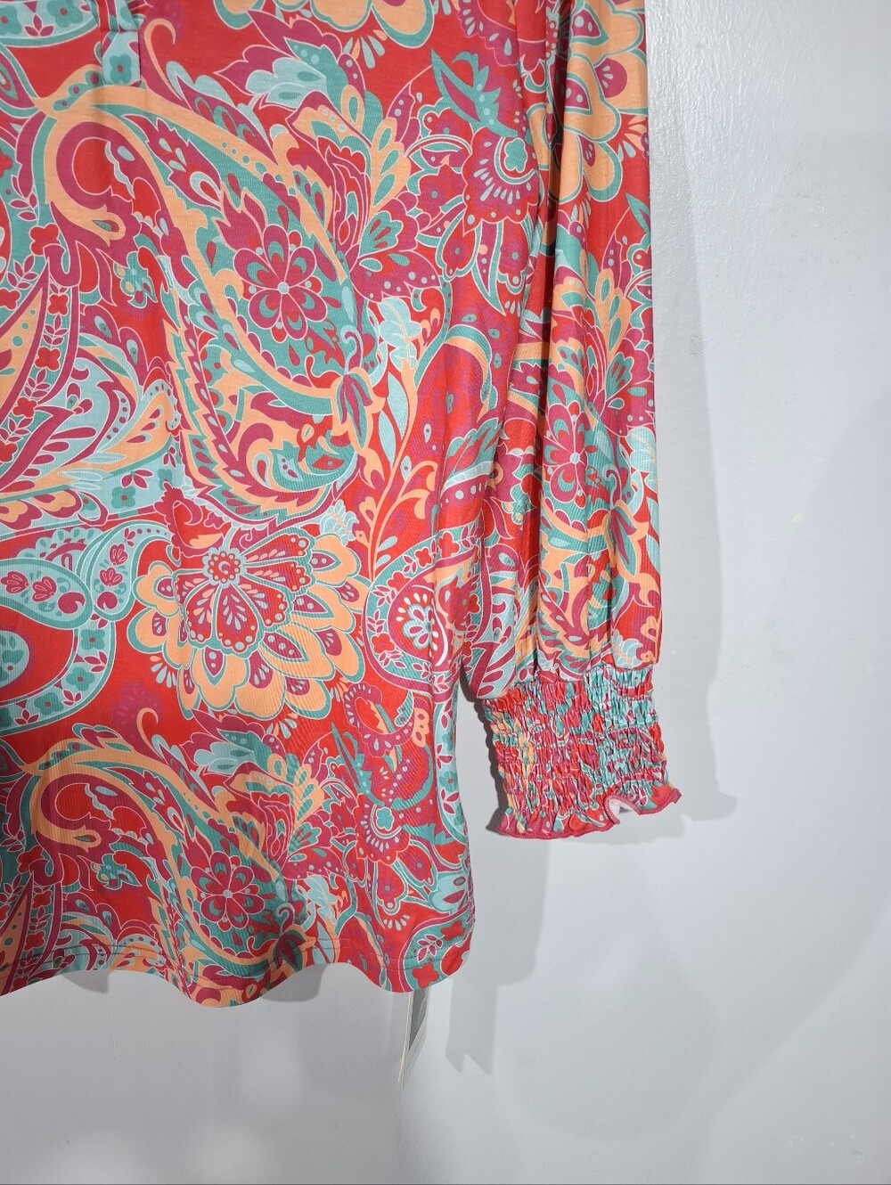 LOMON Paisley Multicolor V-Neck Tunic Top Smocked 3/4 Sleeves Soft Casual Sz M - Picture 3 of 15